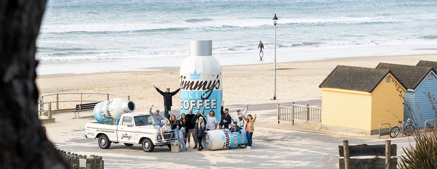 Jimmy's Iced Coffee Crew Beach Shot Giant BottleCan Tour 