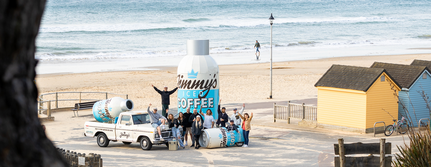 Jimmy's Iced Coffee Crew Beach Shot Giant BottleCan Tour 